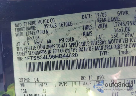 2006 Ford E-350 Super Duty Commercial/Recreational from USA, damaged, VIN 1FTSS34L96HB44620